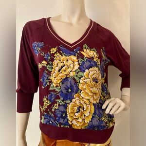 Anthropologie TINY 3/4 sleeve floral print ribbed trim blouse top SMALL